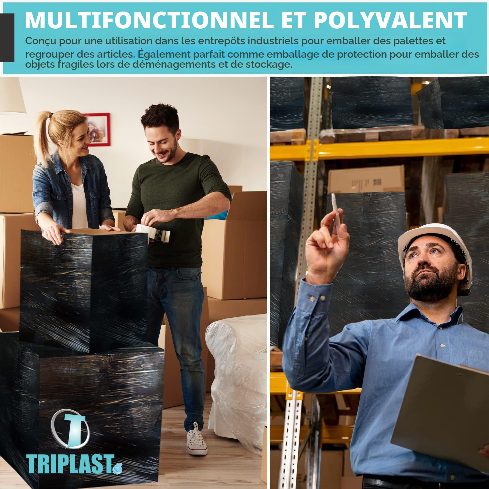 Triplast 400 mm x 250 m film étirable pour palette – Noir (Lot de 2)