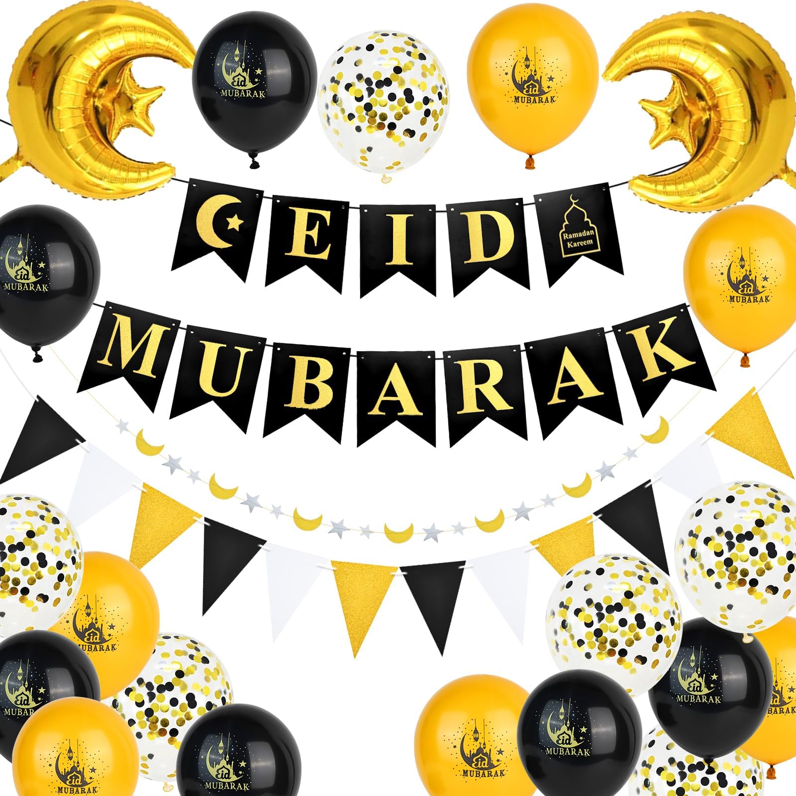 Eid Mubarak Decorations for Home 2026, 2 Banners, Star Moon Garland, Triangle Bunting, 18 Black Gold Confetti Balloons, 2 Foil Balloon, Ramadan Decor Set, Happy Eid Party Supplies