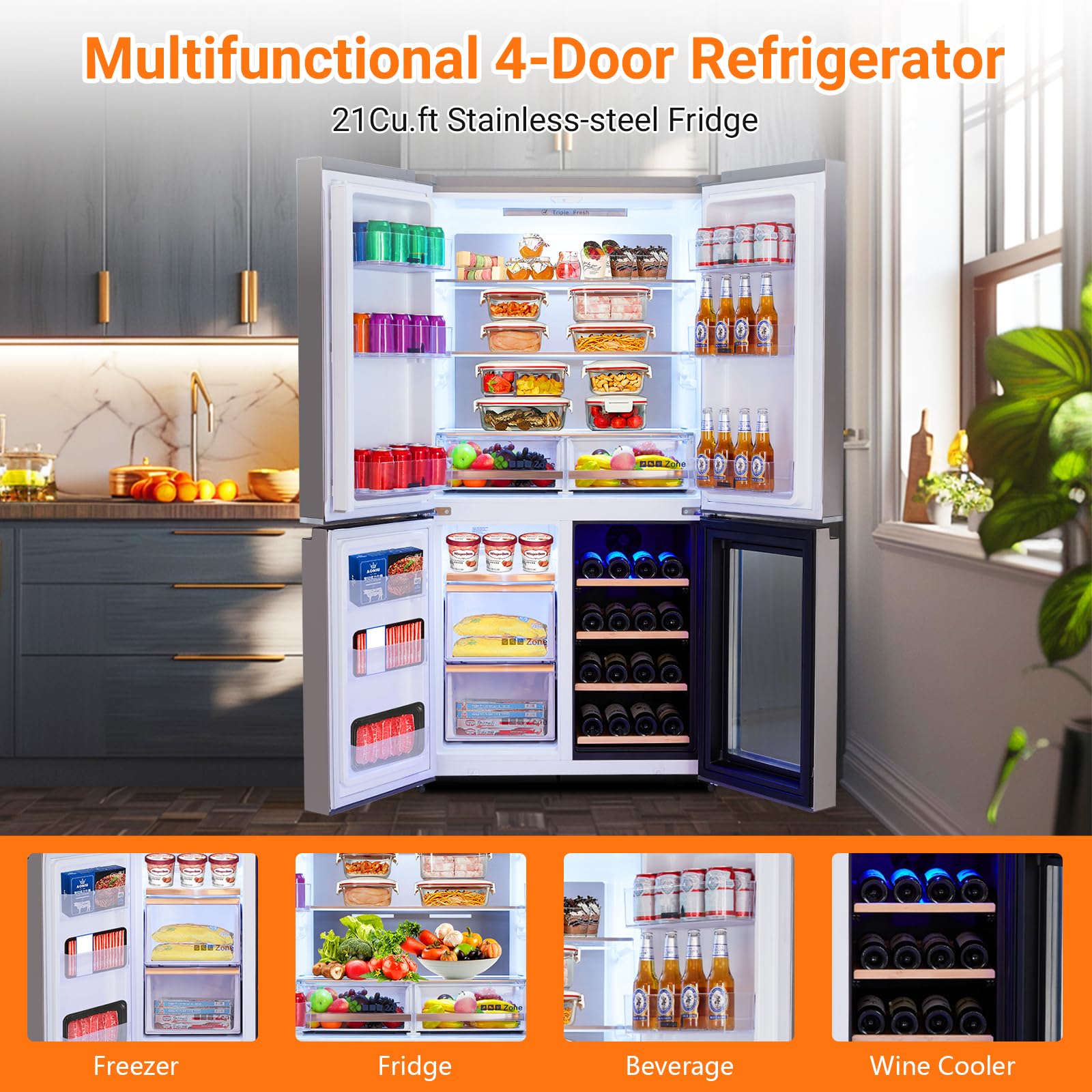 21 Cu.Ft Side By Side Refrigerator with Touch Control & Led, Swing Double Door Fridge with Adjustable Glass Shelves, Freezer and Crisper Drawers on Fridge.com