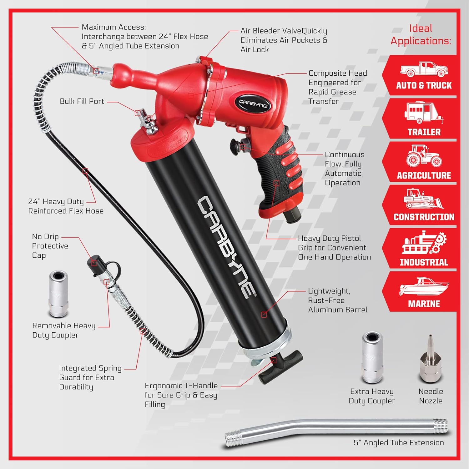 Carbyne Pneumatic Grease Gun, 6000 PSI, Air Operated, Continuous Flow, 40:1 Ratio, Aluminum Barrel, 24 in. Flex Hose, Coupler, 14 oz