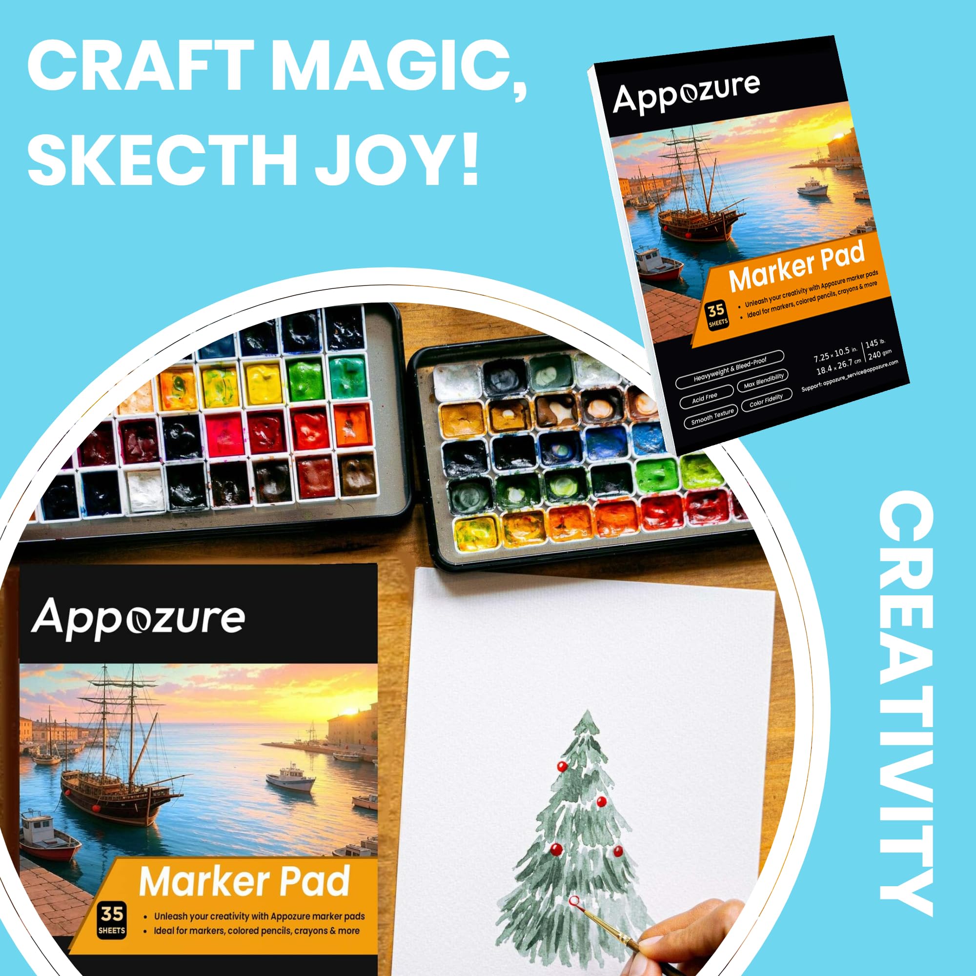 Appozure Mixed Media Art Sketchbook, blocco per pennarelli, formato portatile, 18 cm x 25 cm, carta da disegno liscia e pesante, 65,8 kg/240 g/m², 35 fogli/75 pagine, album da disegno rilegato