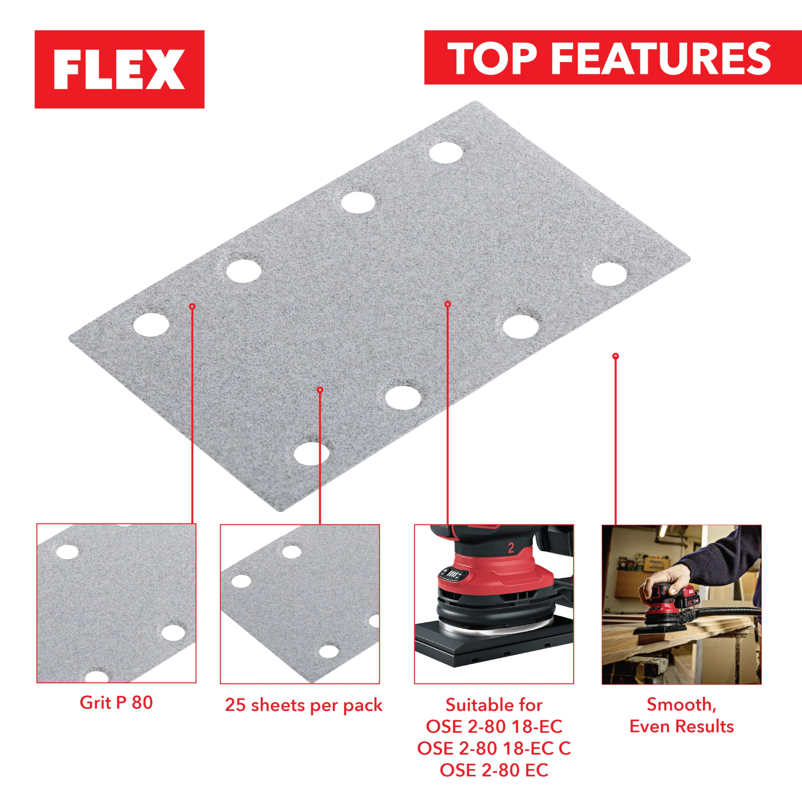Flex, Sandpaper Xtreme 133mm x 80mm, 25 Pack, Universal, P80 Grit, 531930 - Image 2
