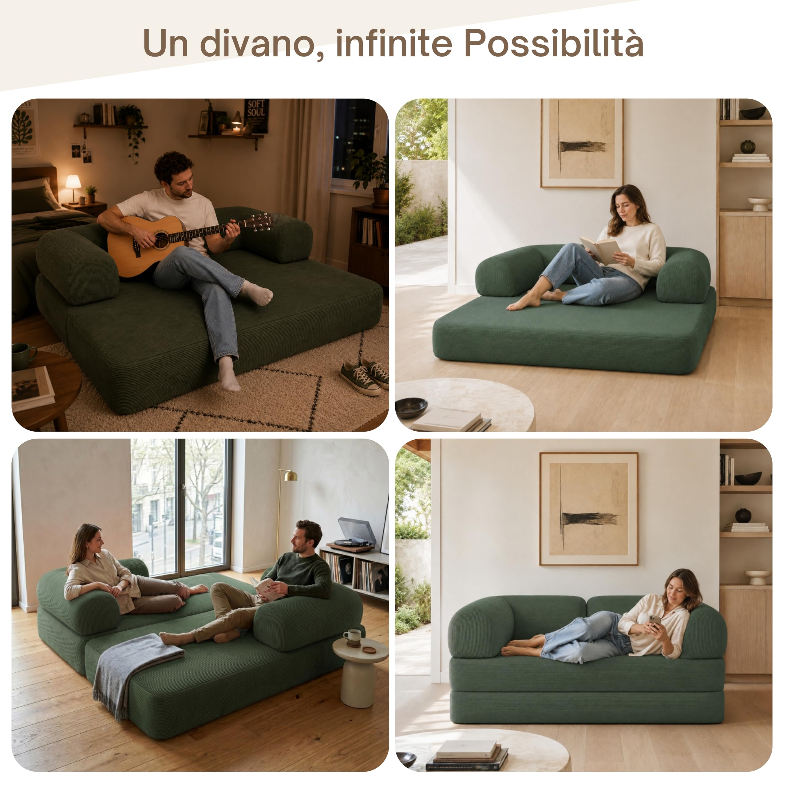 bananair - Divano 2 Posti Prodotto in Francia - Divano Letto Modulare in Schiuma ad Alta Densità e Tessuto in Velluto a Coste - Design Innovativo Boneless Couch, Spedito Compresso (Verde Foresta)