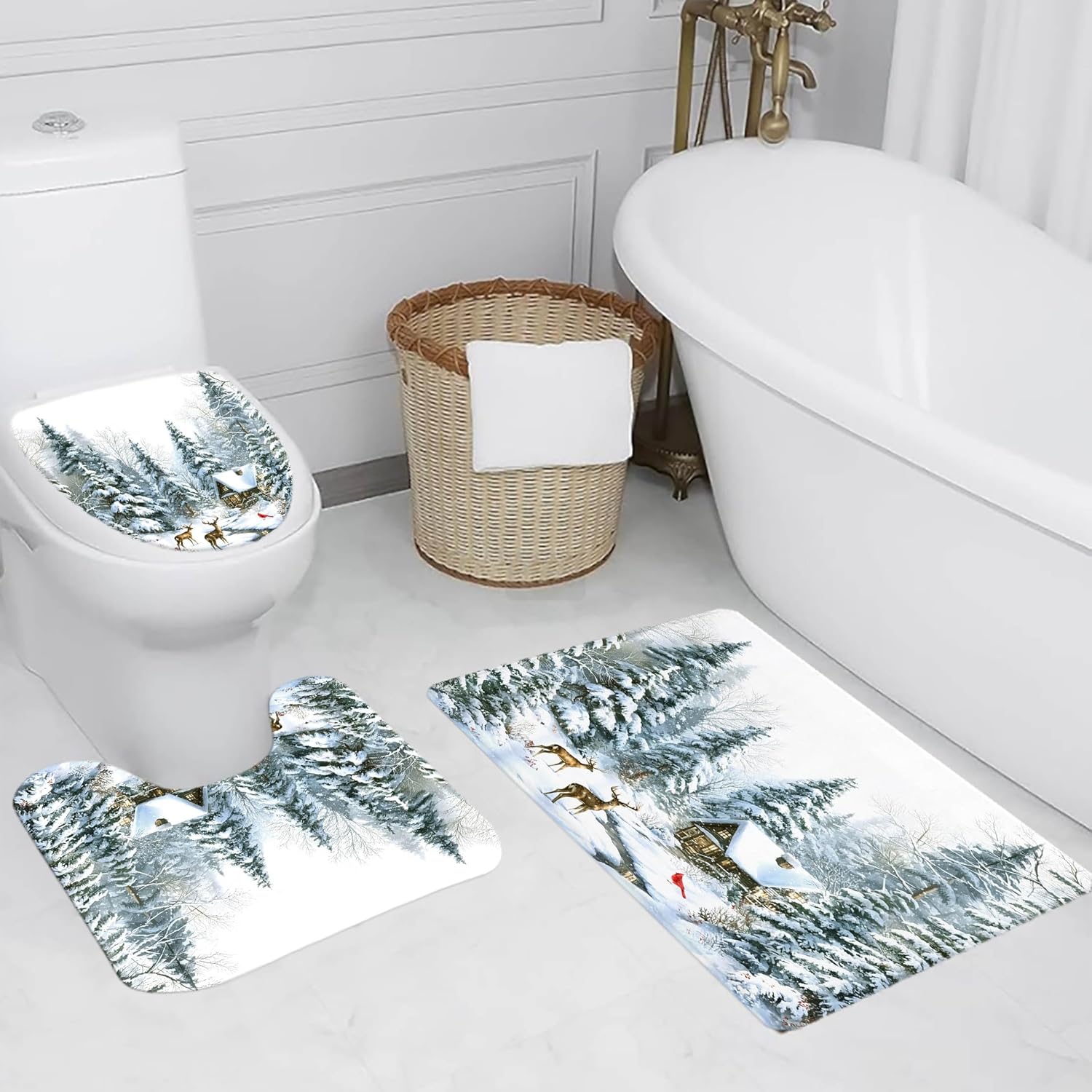 4 Pcs Winter Forest Shower Curtain Set with Non-Slip Bathroom Rugs, Wild Animal Deer and Cardinals in Snow Forest Shower Curtain with Bath Mat and Toilet Lid Cover Christmas Decor, 72x72 Inches