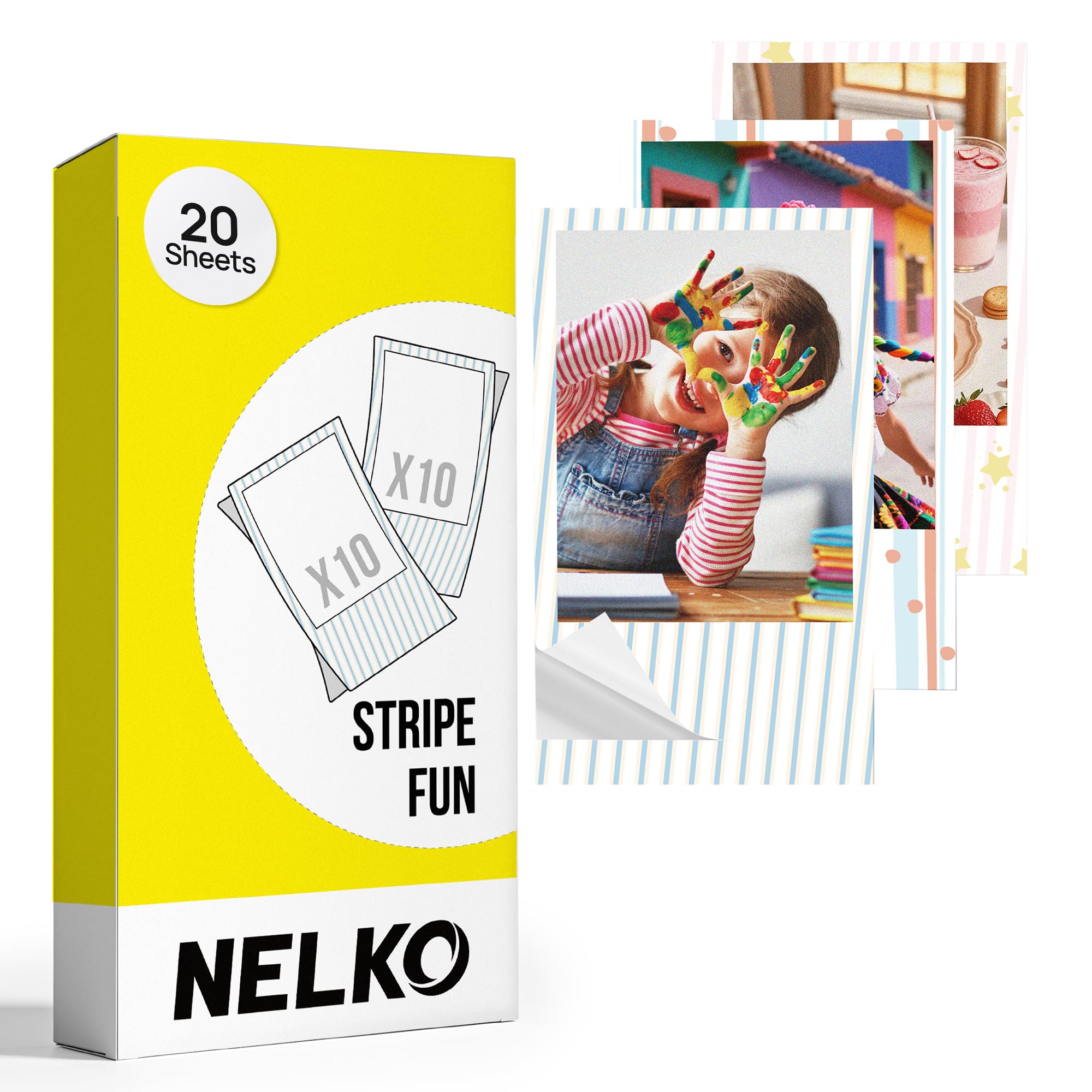Nelko 52.3x90mm (2.06"x3.54") Premium Photo Paper, 20-Pack Genuine PP01 Pocket Printer Paper, Sticky Back Picture Paper, Compatible with Nelko PP01 Photo Printer, Easy to Peel Off, Stripe Fun — image 1