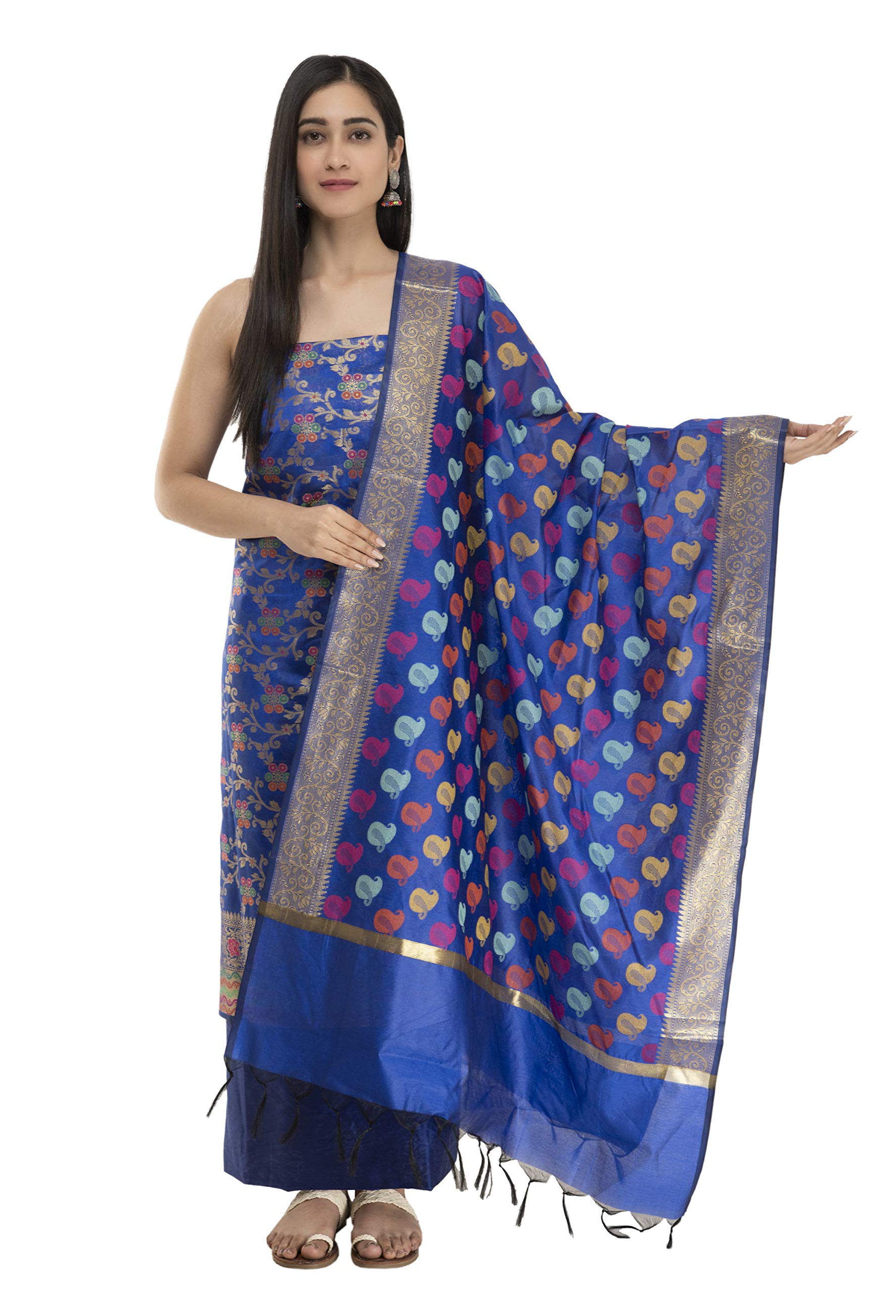 Cotton Chanderi Soft Zari Embroidered Worked Unstitched Salwar Suit Dress Material With Banarasi Chanderi Dupatta (Royal Blue)-image-2