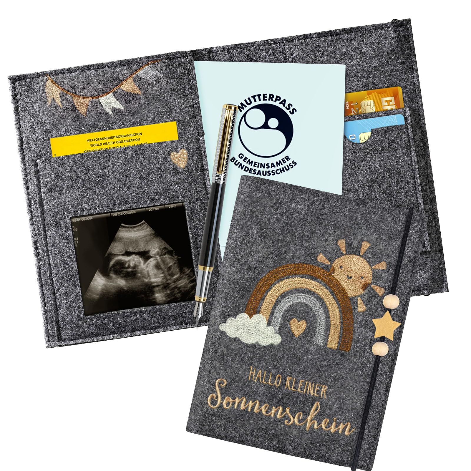 Mutterpasshülle aus Filz für Deutschen Mutterpass, Mutterpass-Schutzhülle zur Aufbewahrung von Impfpass usw,Süßes Geschenk für Schwangerinen und Zukunftige Mütter (Regenbogen dunkelgrau)