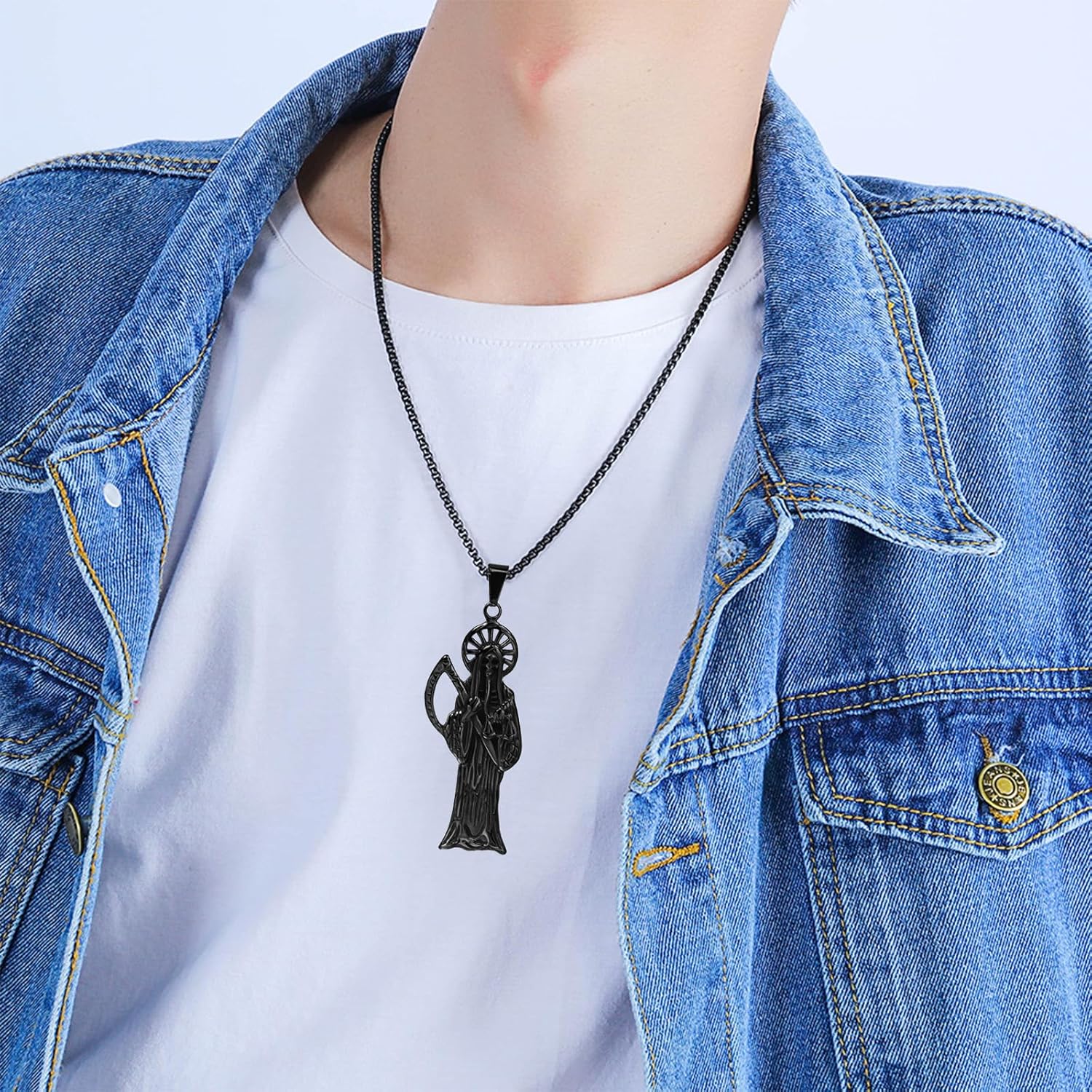 Santa Muerte Necklace Diamond 14K Gold Plated Santa Muerte Pendant Jewelry With Sickle Holiday Gift (Black 220) - Image 6