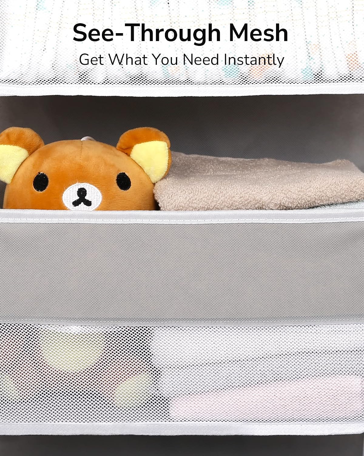 ULG Over Door Organizer with 4 Large Pockets 6 Mesh Side Pockets, 33 lbs Weight Capacity Hanging Storage Organizer with Clear Window for Bedroom Nursery, Baby Kids Toys, Diapers, Grey(1 Pack)