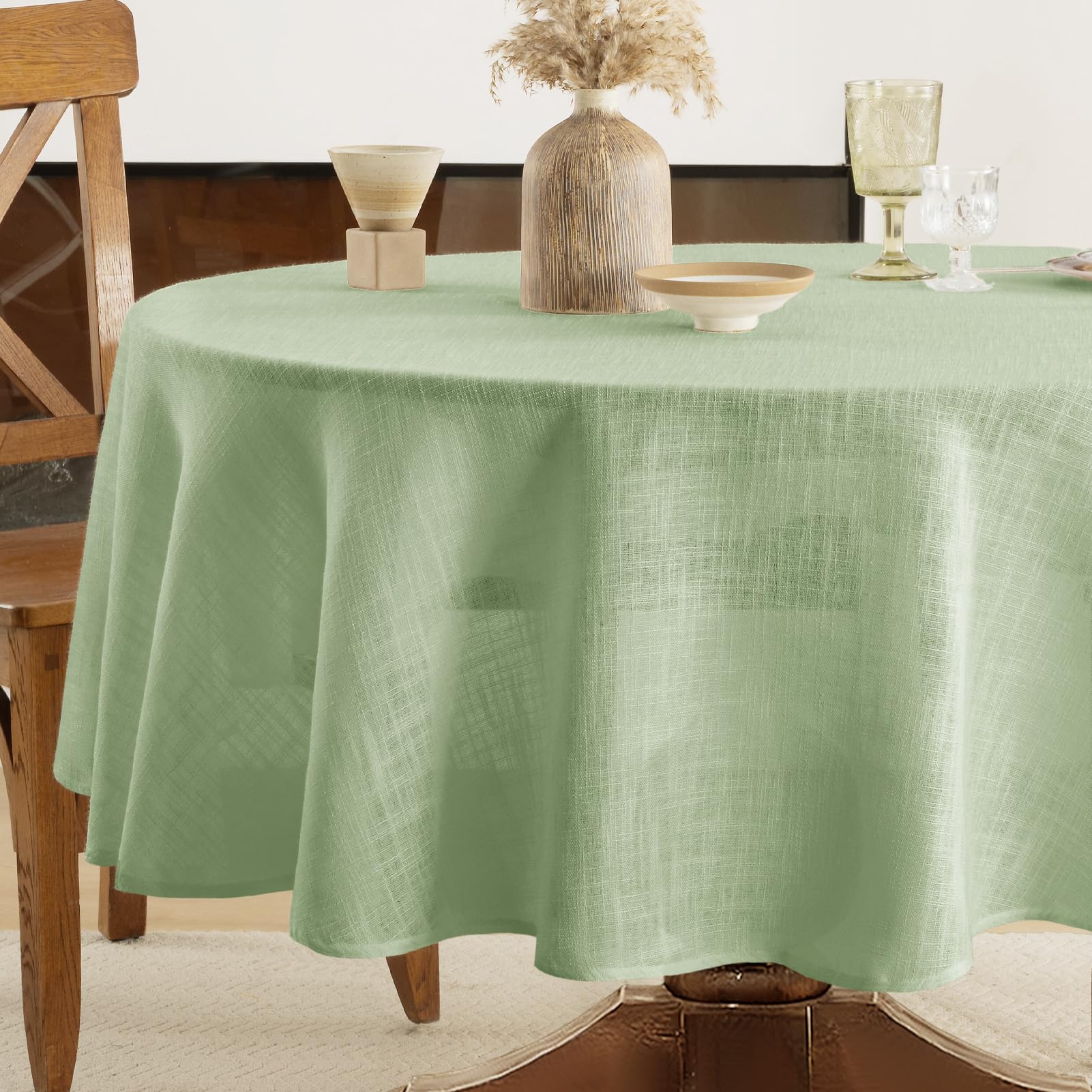 FIBORIA Outdoor Round Tablecloth Small 120 cm Cream Faux Linen Table Cloth Wipe Clean Water Resistant Table Cover Washable Tablecloths for Spring Dining Coffee Table Party Kitchen Indoor, 47 inch