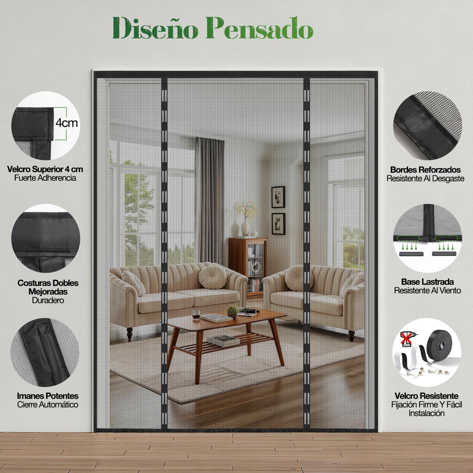 Mosquitera Puerta Magnética 200x210 cm Doble Puerta, Cortina Antimosquitos Malla Resistente, Cierre Automático, Sin Taladrar, para Balcón, Cocina, Puerta Corredera y Terraza, Negra