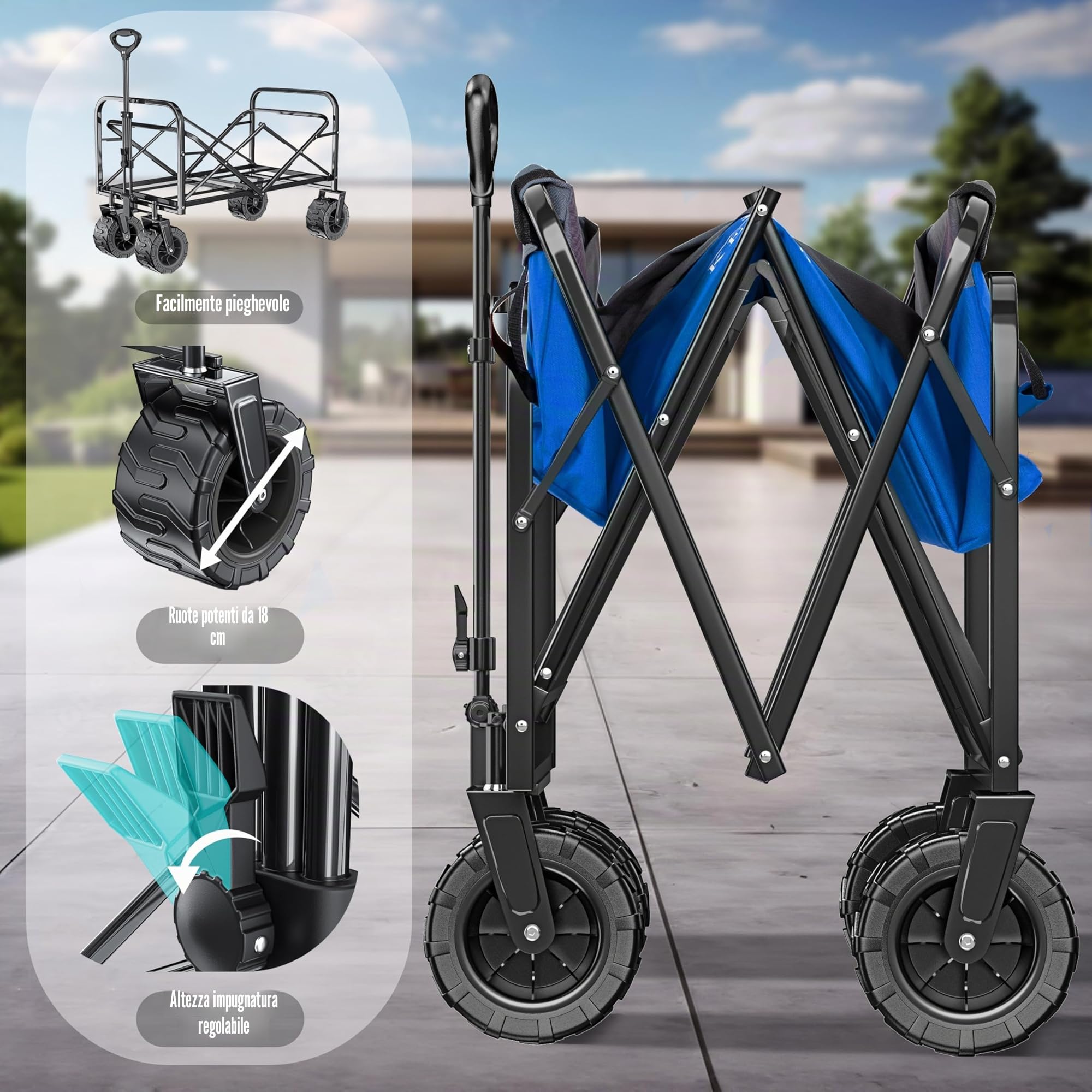 KESSER® Carrello pieghevole resistente fino a 150kg con ruote in gomma piena larga | Carrello trasportatore | Carrello per attrezzi con 2 tasche in rete e tasca laterale | Carrello da trasporto per