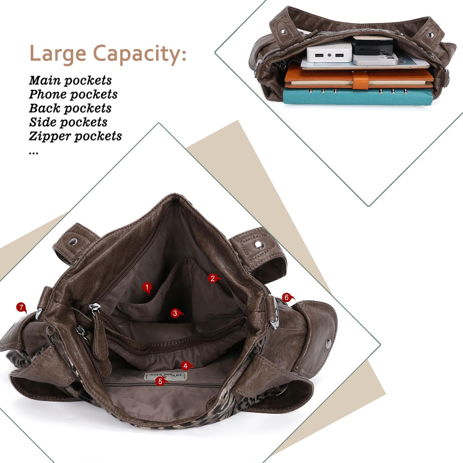 Angel Kiss Women's Designer Handbag Large Double Zipper Multi Pocket Washed Leather Purse - Image 6