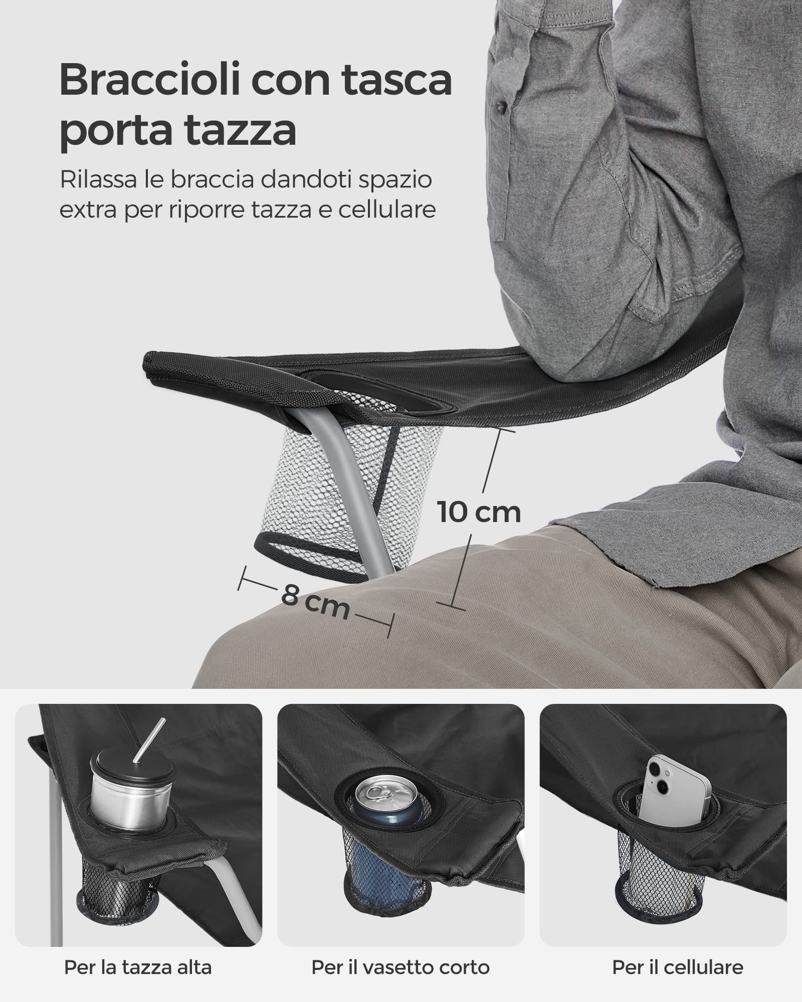 SONGMICS Set di 2 sedie pieghevoli da campeggio, comode e resistenti, portata massima 150 kg, con portabevande, sedia da esterno