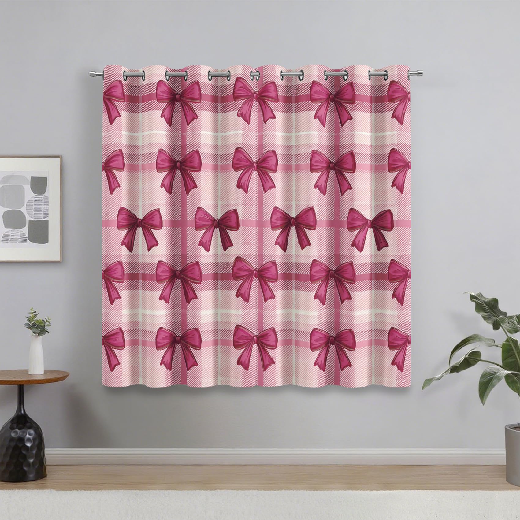 Pink Bowknot Blackout Curtains for Bedroom Living Room, Girls Kawaii Pink Plaid Gingham Curtains Eyelet 72 Drop Home Decor, Patterned Window Drapes, 46x72 Inch 2 Panels B-D95