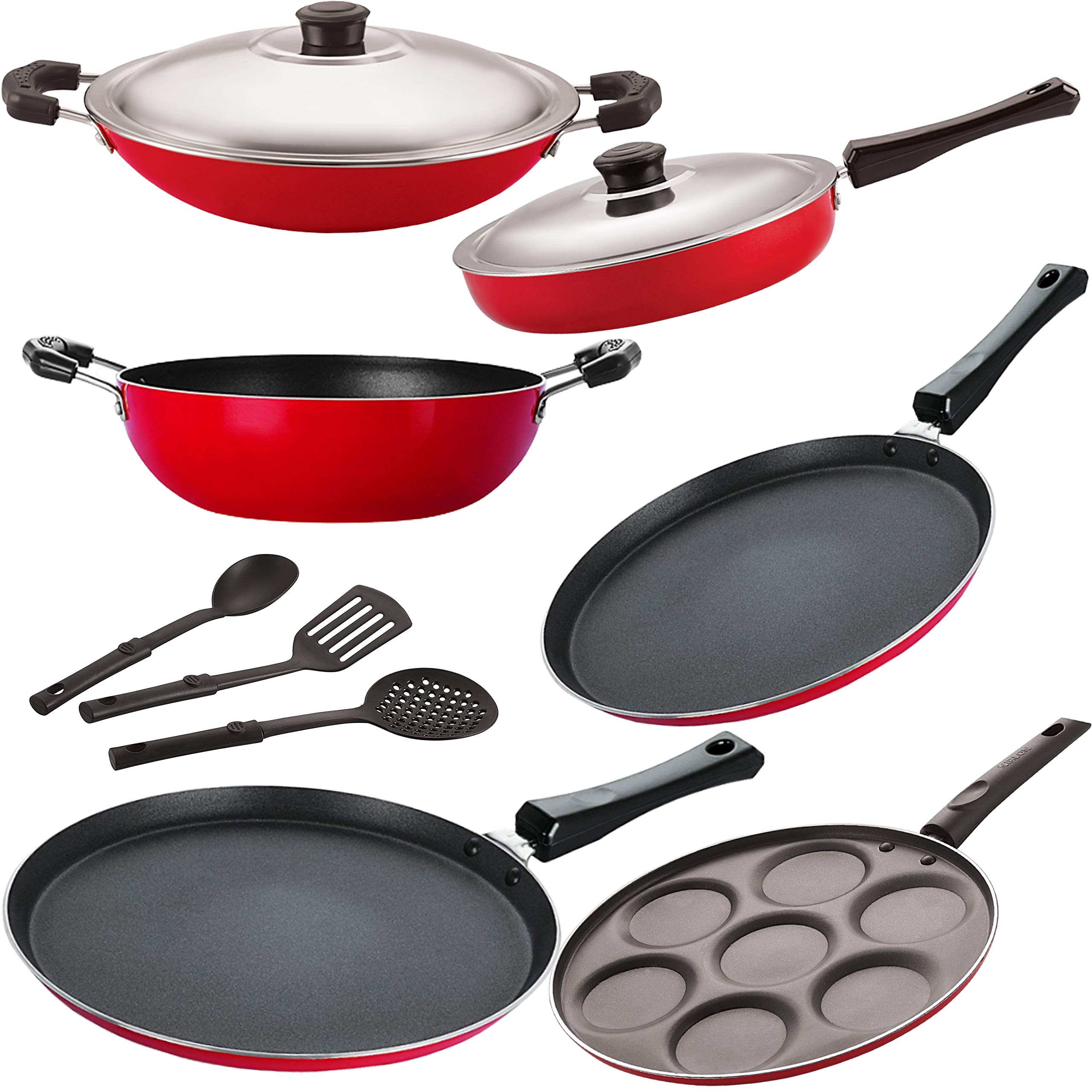 Nirlon Aluminium Nonstick 3 Layer Coated Healthy Kitchen Cooking Utensil Combo Set-9 Pieces, 2.6mm_FT13_FT12_KD13_CH_UP_FP12_3SPN