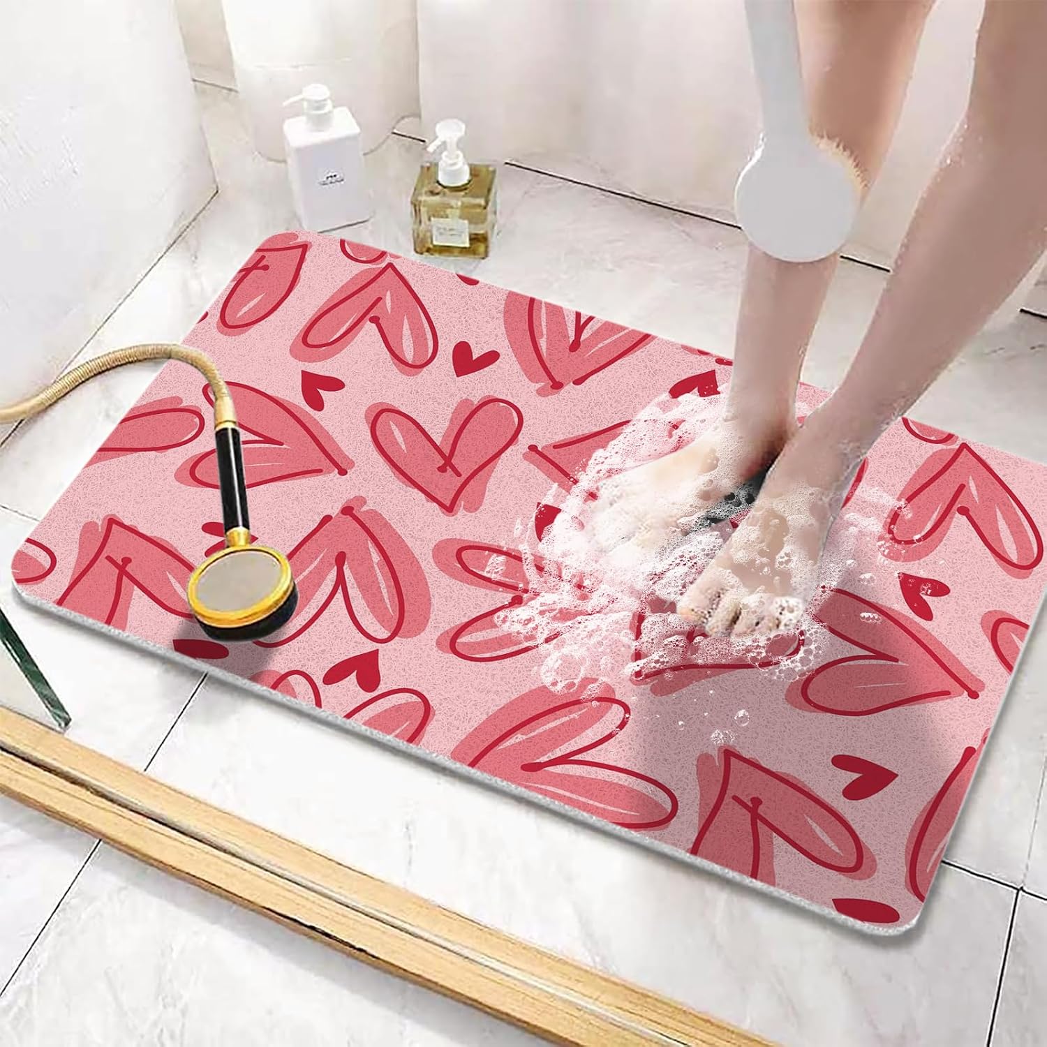 Red Heart Pattern Non-Slip Bathroom Mat with 36x20 inch,Comfortable Bath Tub Mat,Quick Dry Anti Slip PVC Loofah Shower Bathtub Mat for Bathroom,Tub and Shower