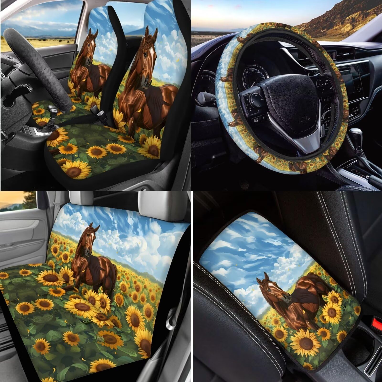 Autositzbezüge für Pferde, vollständiges Set für Damen, Sonnenblume, vorne und hinten, geteilte Sitzbank, abnehmbar, automatisch, universell passend für die meisten Autos, Vans, Limousinen,