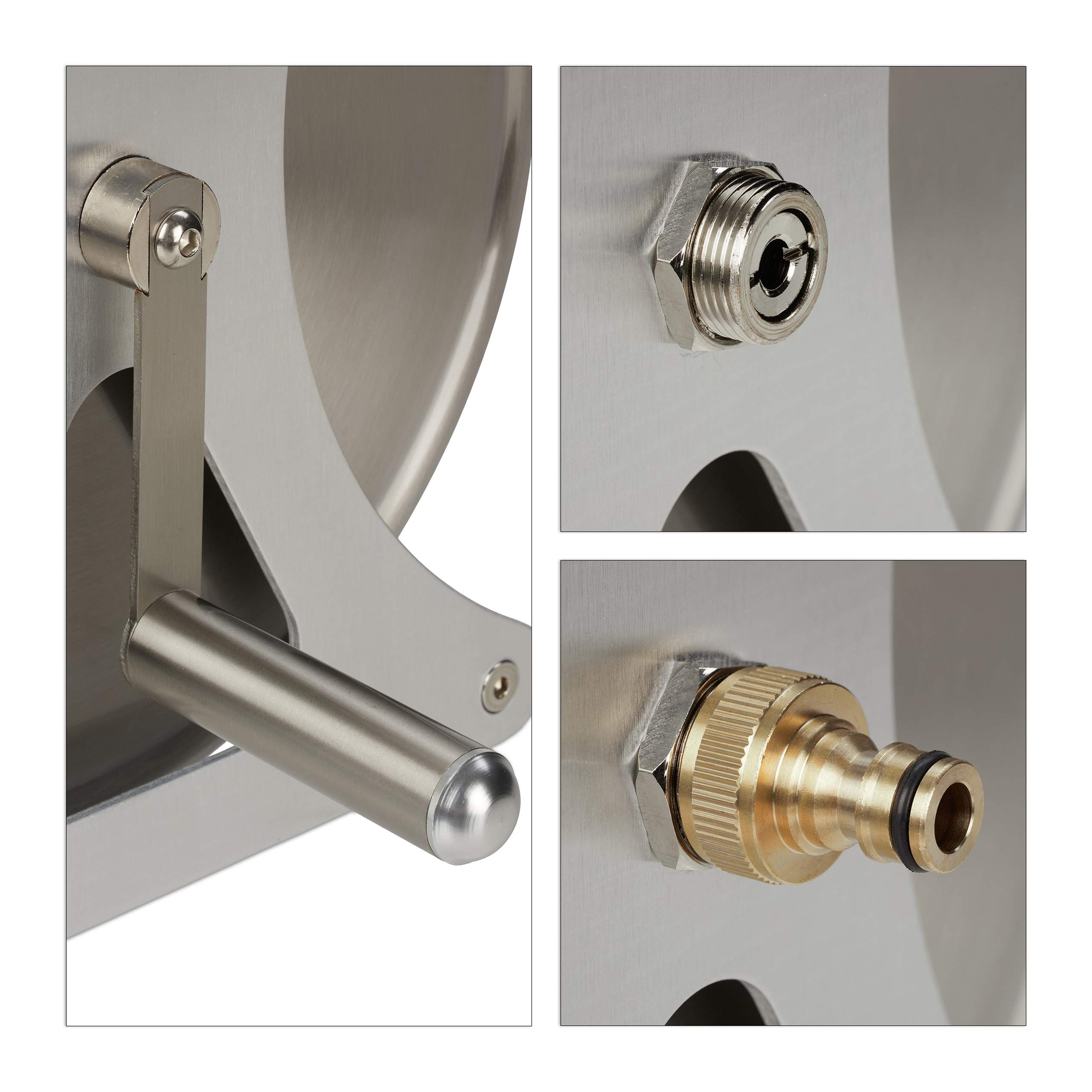 Relaxdays Schlauchtrommel Metall, Schlauchaufroller leer, Edelstahl & Aluminium, Boden & Wand, 30,5x45x36,5 cm, silber