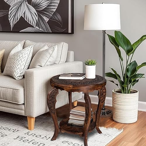 Miniatura 2 de The Wooden Town Mesa auxiliar redonda de estilo granja, mesitas de noche rústicas para sala de estar, dormitorio, mesas de café, bandeja de madera,