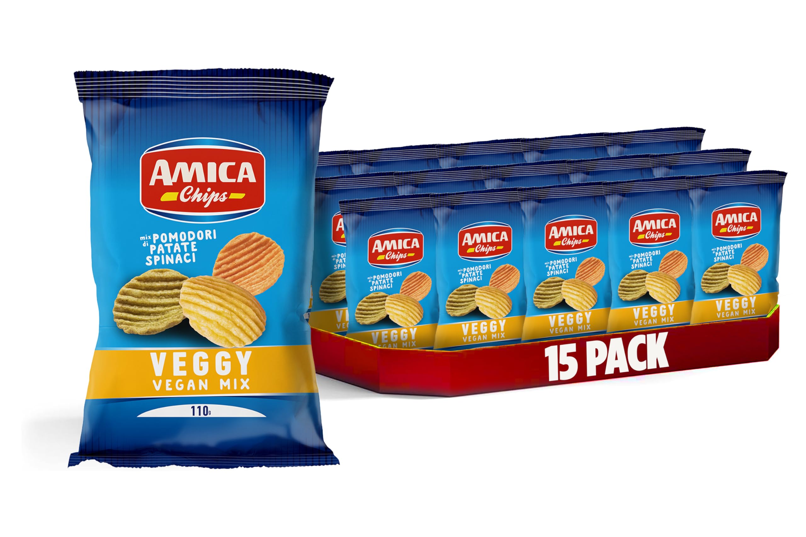 AMICA Chips | Patatine Veggy Vegan Mix, Mix di Pomodori, Patate e Spinaci, Patatine Vegane, 15 Pezzi x 110 gr