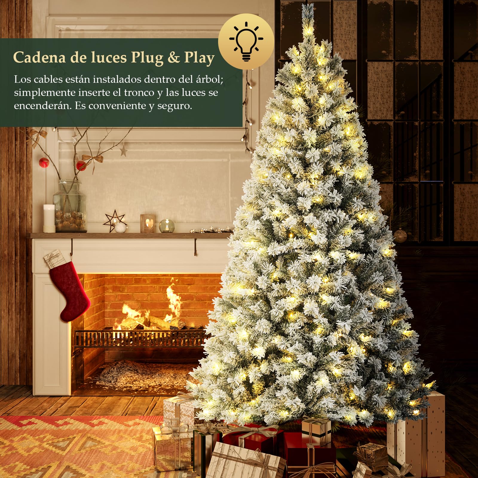 SALCAR Arbol de Navidad Blanco Artificial 180 cm, Árbol de Navidad Nevado con Guantes y 828 Puntas de Rama, Pino de Navidad con Soporte de Madera, Abeto, Ignífugo