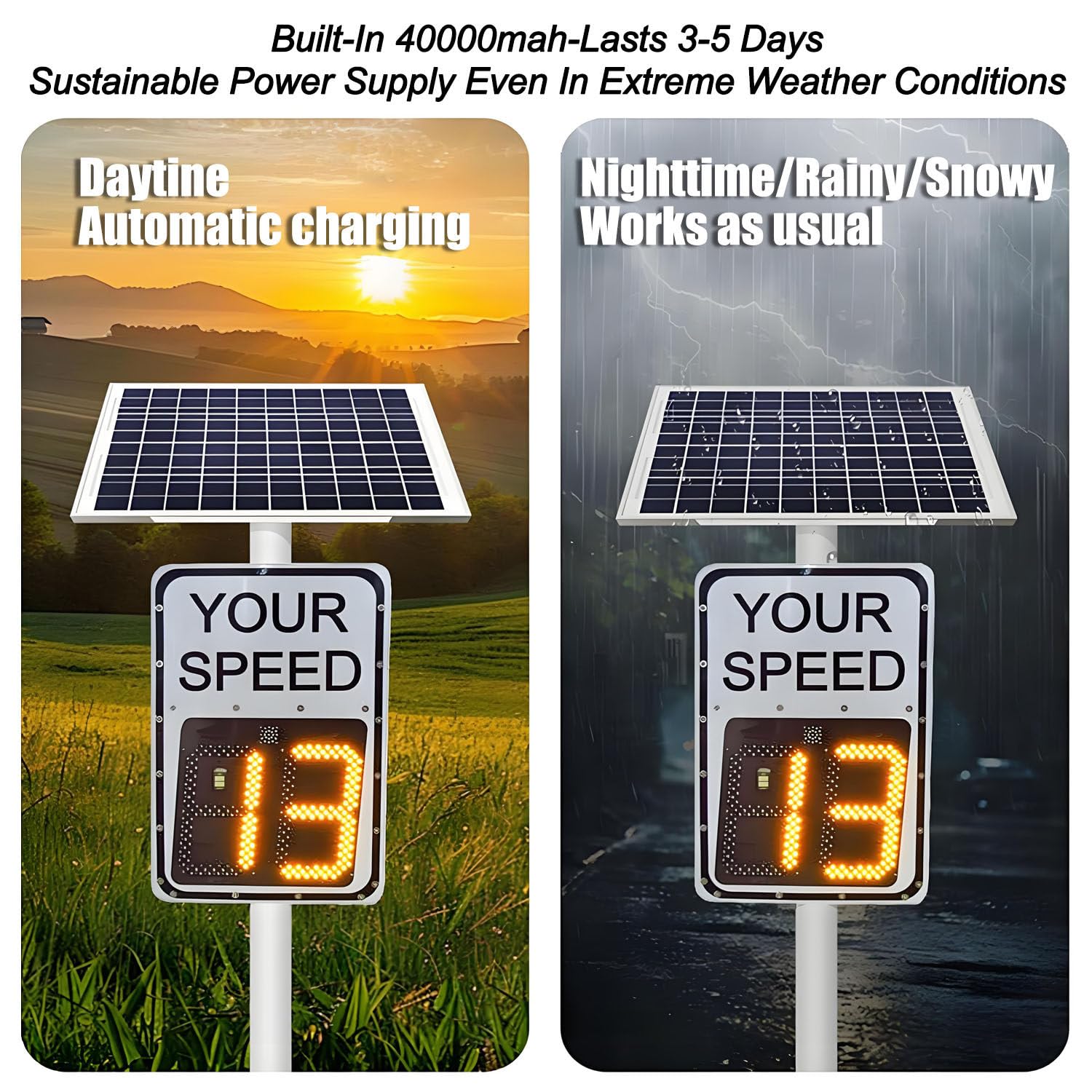 Señal de radar de velocidad con energía solar, aluminio inoxidable de 68,5 x 51 cm, detector de velocidad digital de 3 dígitos, ideal para calles y vecindarios.