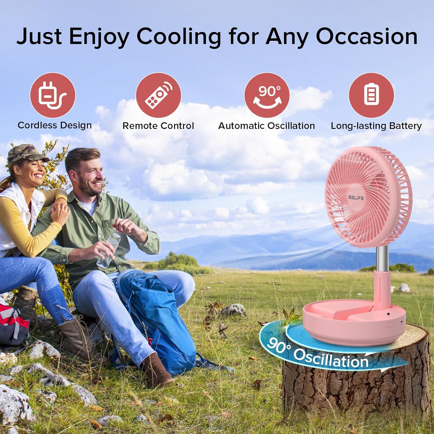 Belife X8 Portable Fan being used outdoors with a remote control, demonstrating its cordless and remote-controlled features.