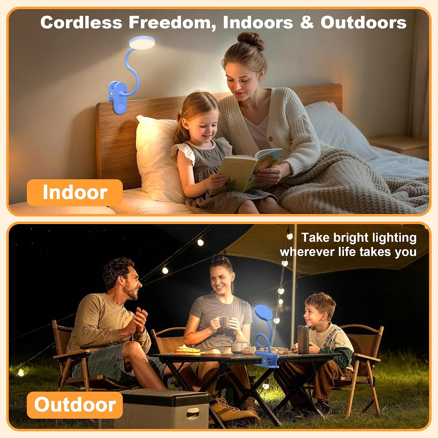 Cordless Clip on Reading Lamp, Rechargeable LED Book Light for Kids, Flexible and Dimmable Clamp Light with 3 Color Modes & 10 Brightness for Students Dorm Room Desk Bunk Bed Headboard (Blue/3.5'') image 3
