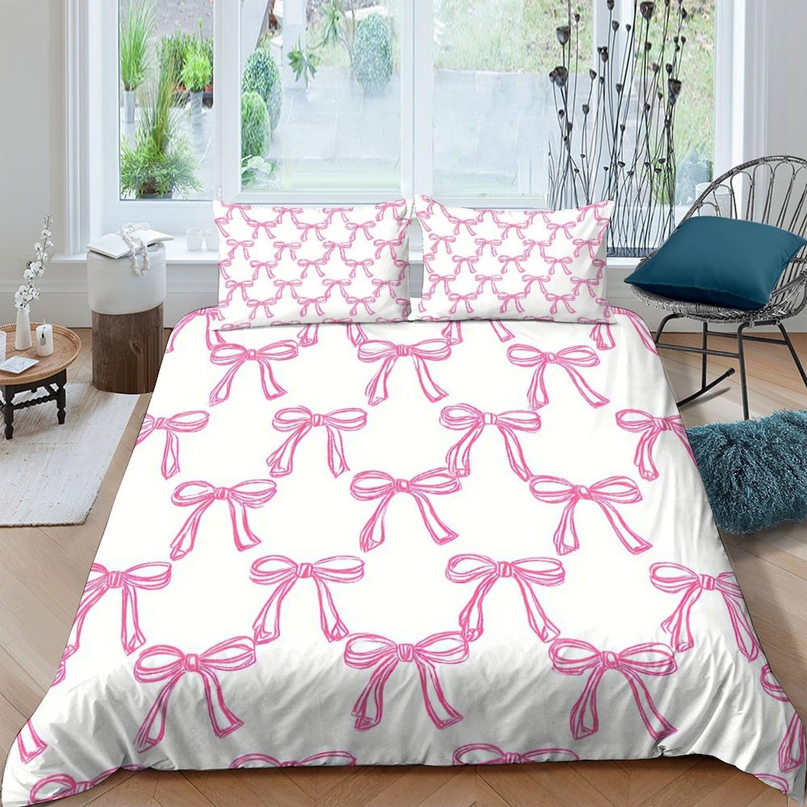 XFKLYNVCJ 3D Printed Pink bows pattern Bed Cover Brushed Microfiber Hand drawn cute style Quilt Cover Machine Washable Wrinkle Free for Student Dorm College Accommodation Daily Use Double（200x200cm）