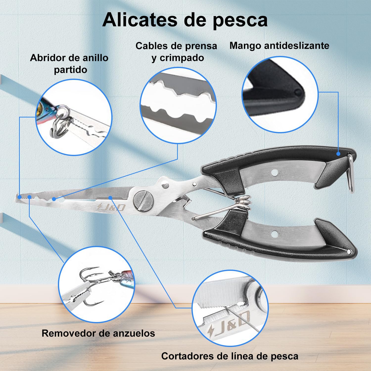J&D Pesca Pinzas y Pescado Labios Pinza Fije, Multifuncional Acero Inoxidable Pesca Pinzas Marcha Atrás Gancho Portero Herramientas con Seguridad Tipo de Bobina con Fundas y Atadura, Negro