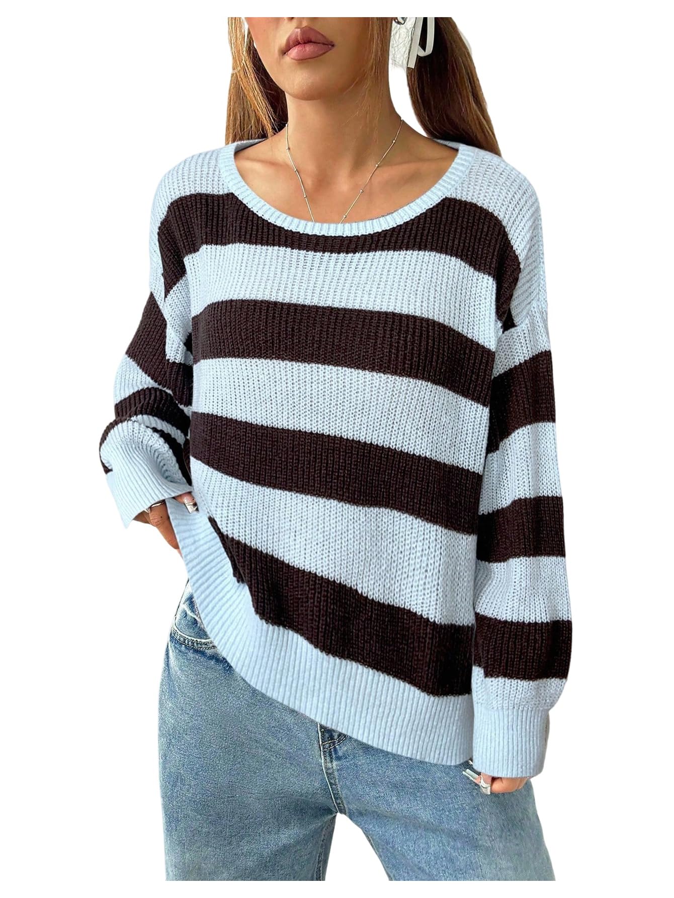 Floerns Womens Striped Boat Neck Loose Sweater Long Sleeve Drop Shoulder Pullover Top