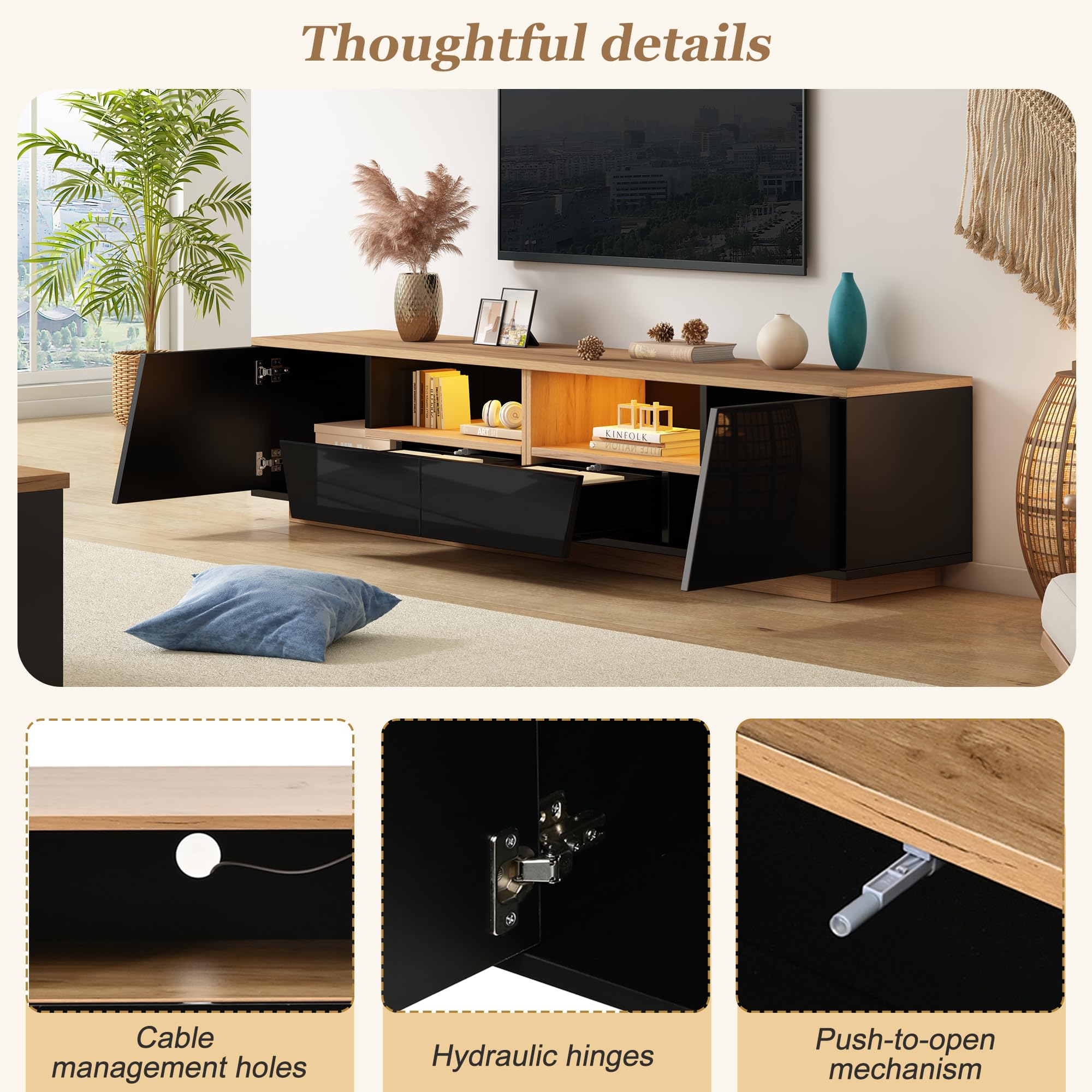SACOOL Armario para televisión de 180 x 40 x 46 cm, 2 cajones, 2 armarios, armario bajo brillante, adecuado para televisores de 75 pulgadas, negro + empalme de color madera