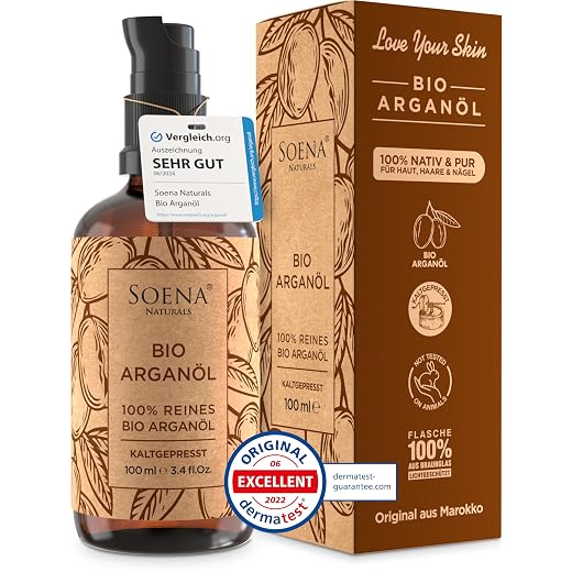 ARGANÖL BIO KALTGEPRESST | 100% Rein | Für Haare Haut & Nägel | Pipette+Pumper | Original aus Marokko | 100ml im lichtgeschützten Braunglas | Natürliche Feuchtigkeitspflege von Soena Naturals