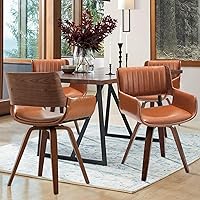LUNLING Set of 4 Mid-Century Modern Swivel Faux Leather Dining Chairs with Wooden Legs, Arms & Adjustable Feet, Brown