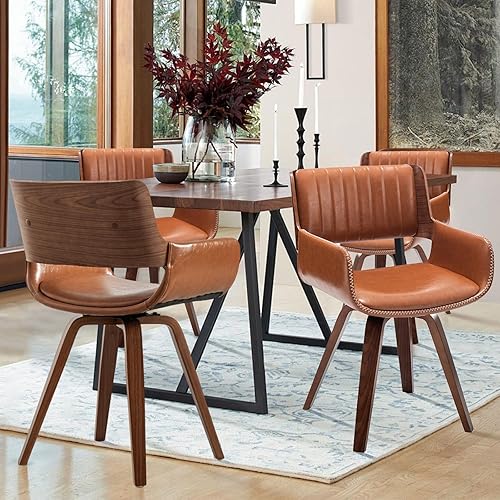 Miniatura 10 de LUNLING Juego de 4 sillas de comedor giratorias de piel sintética, sillas modernas de mediados de siglo con patas de madera/reposabrazos/asiento