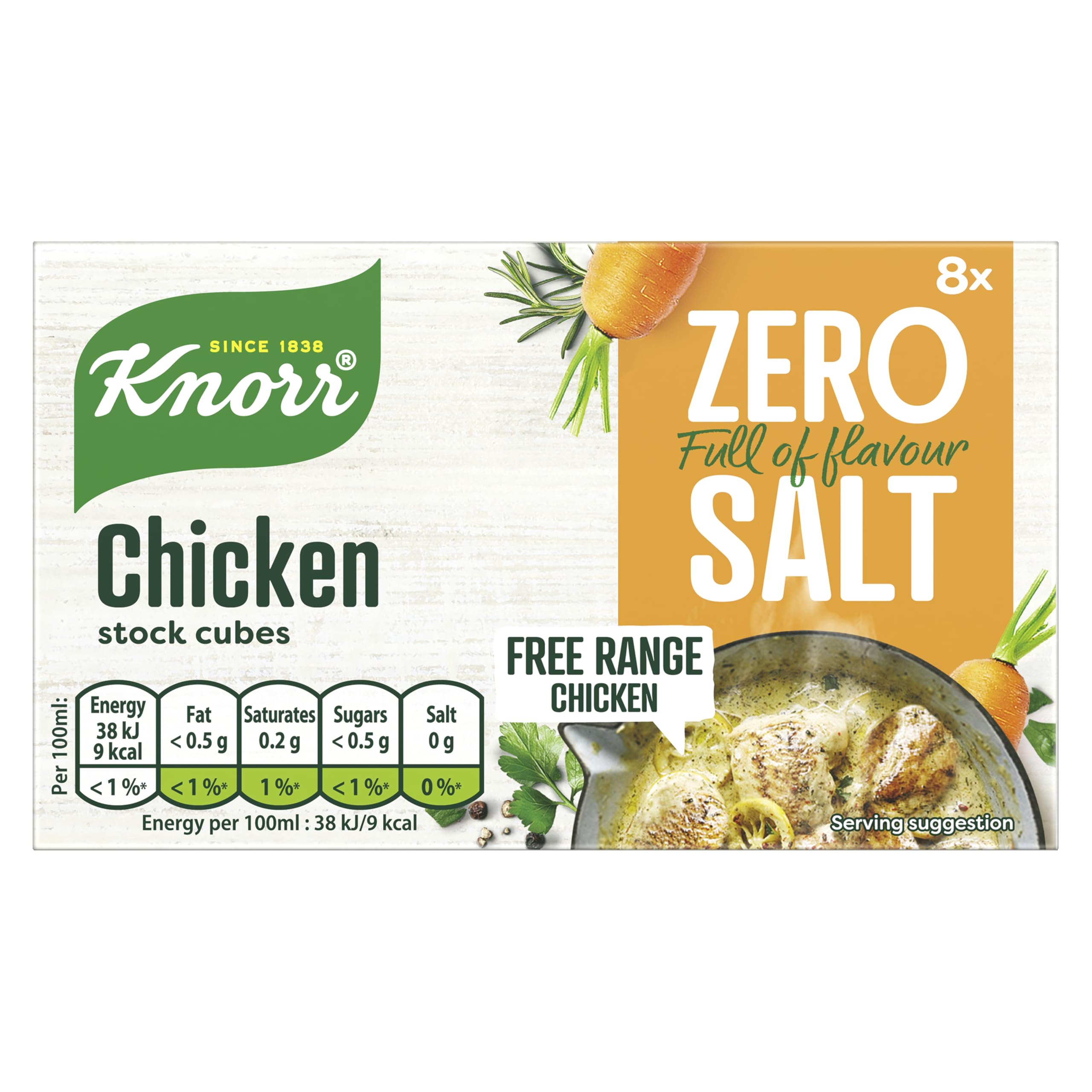 Knorr Zero Salt Chicken Stock Cubes pack of 8 lactose- and gluten-free for delicious, zero-salt chicken dishes 9 g