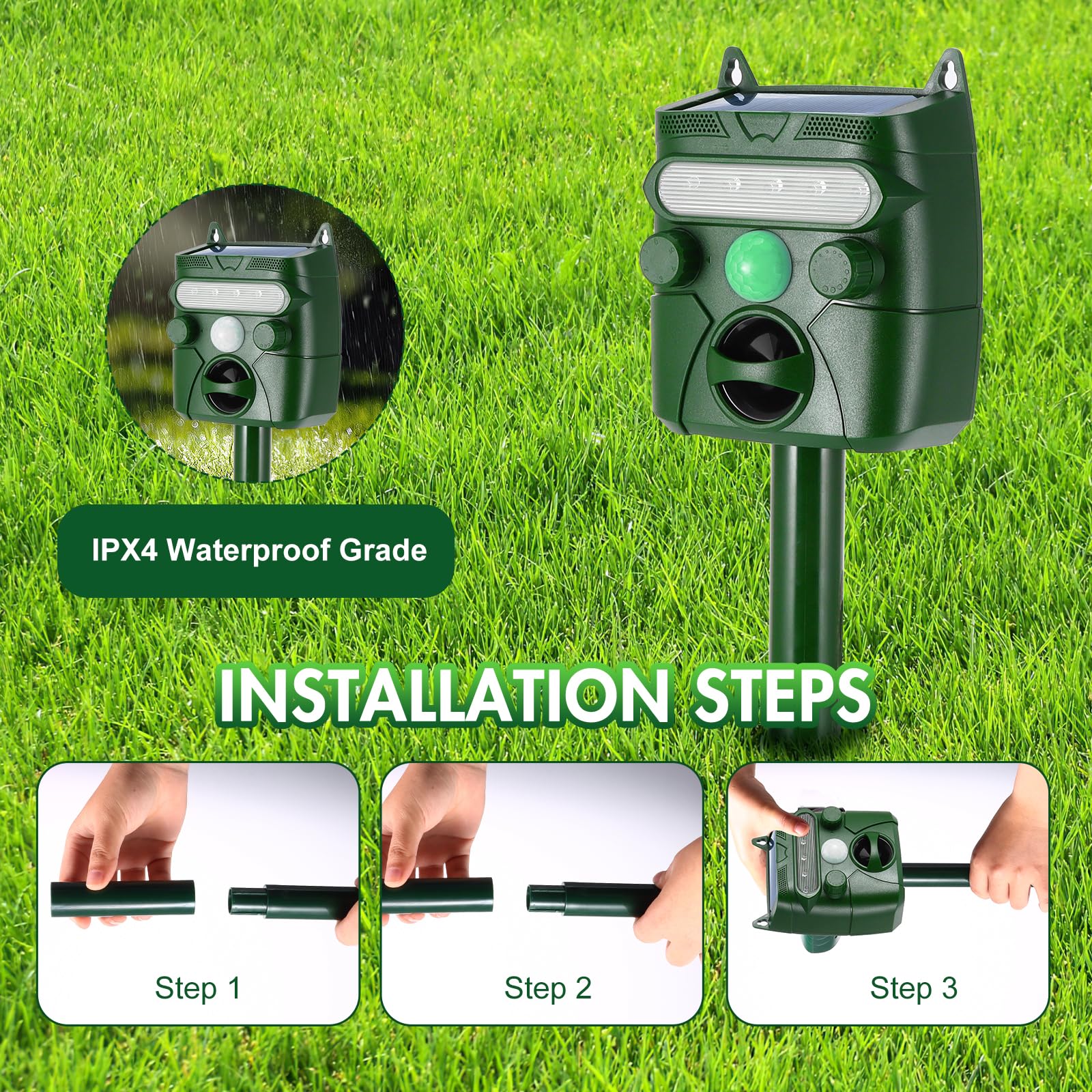 Repelente de gatos ultrasónico, repelente solar impermeable de animales al aire libre con sensor de movimiento y flash, 5 modos de repelente ultrasónico para gatos para jardín, patio, campo,