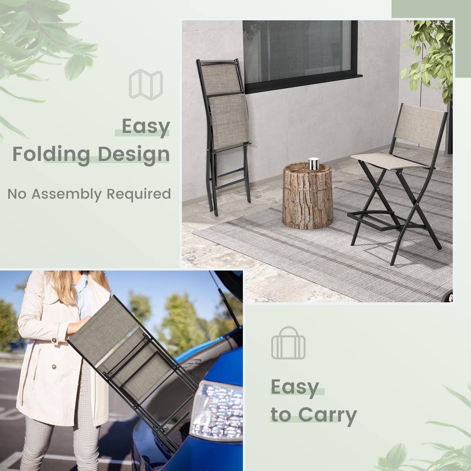 GIANTEX 2 Sedie da Bar Pieghevoli, con Schienale e Poggiapiedi, Telaio Metallico Resistente e Tessuto Traspirante, Ideali per Terrazza e Uso Domestico