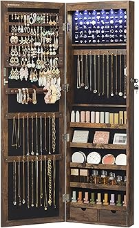 SONGMICS 6 LEDs Mirror Jewelry Cabinet, 47.2-Inch Tall Lockable Wall or Door Mounted Jewelry Armoire Organizer with Mirror, 2 Drawers, 3.9 x 14.6 x 47.2 Inches, Rustic Brown UJJC93CB
