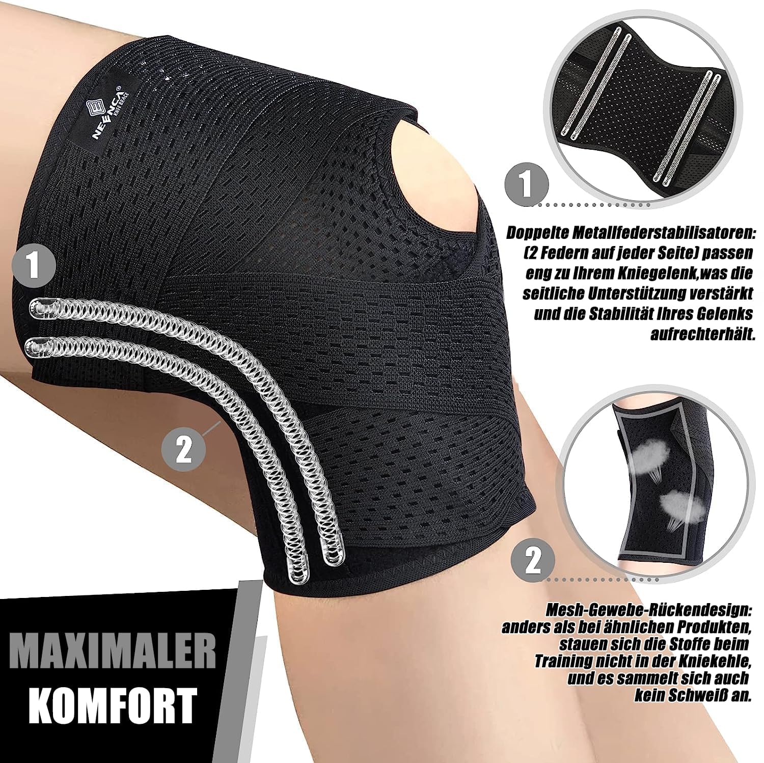 NEENCA Kniestütze für Knieschmerzen, Kompressions Kniebandage mit Luftgitterstoff, einstellbare Kniepackung mit Seitenstabilisatoren, ultra-weicher Verband für Meniskusriss,ACL,Gehen,Arthritis Relief