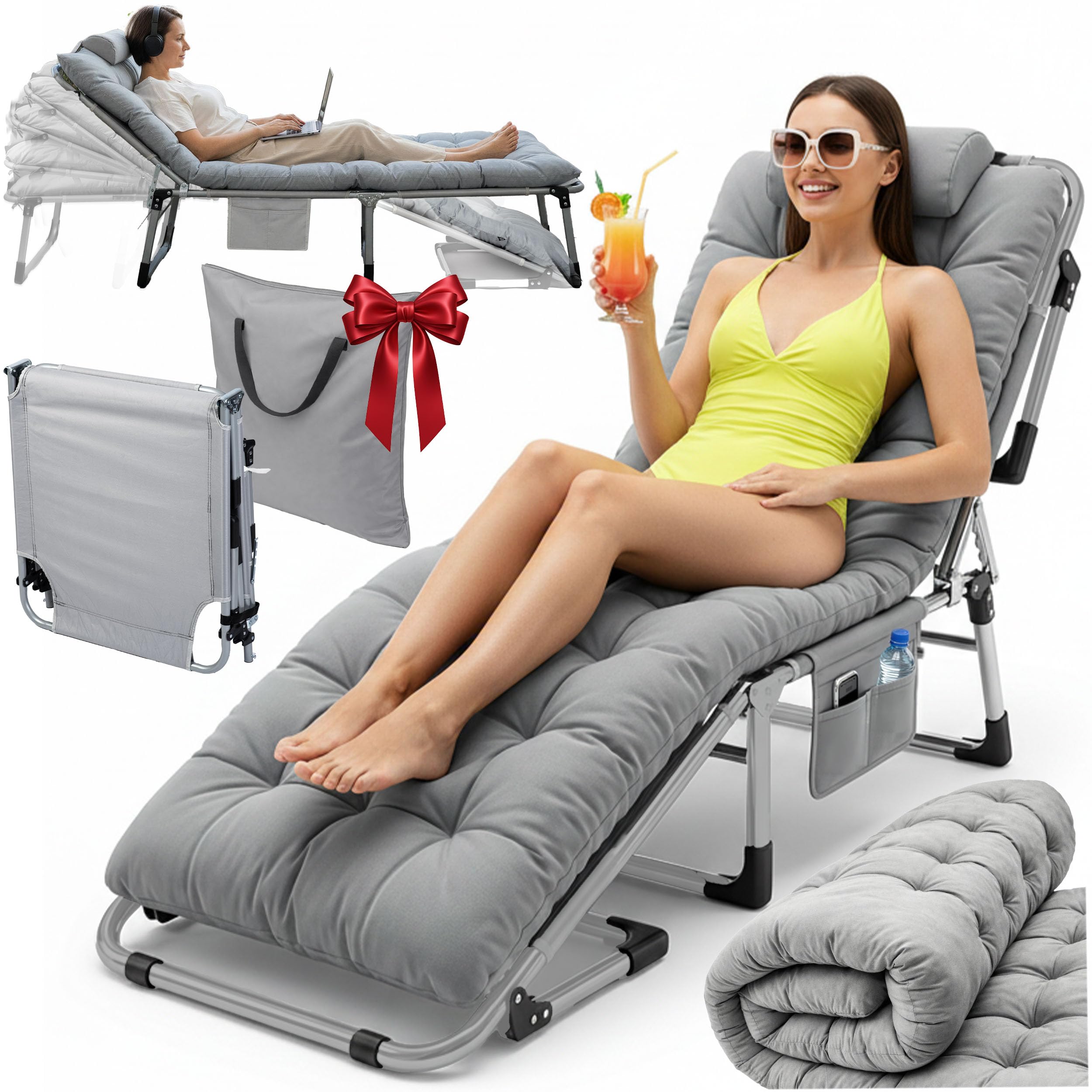 Klappbares Gästebett Sonnenliege mit Matratze Kissen 5-stufig verstellbare Gartenliege 193 x 67 x 40-75,5 cm Grau