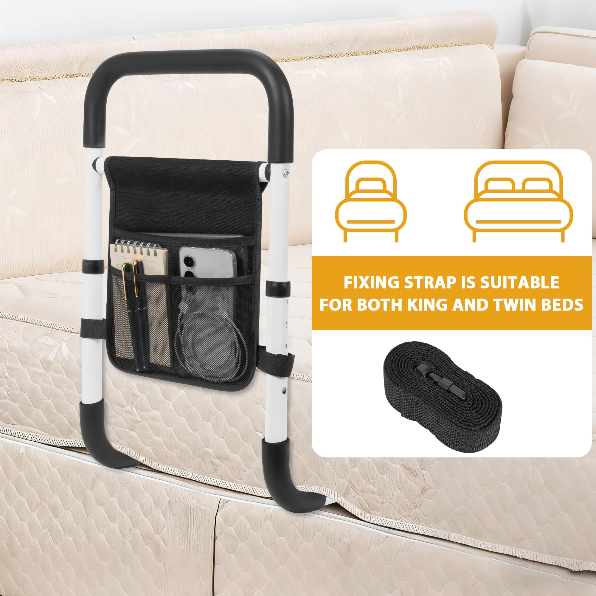 AKOZLIN Binari per letto per anziani e adulti, con borsa portaoggetti, cinghia di fissaggio per prevenzione delle cadute, maniglia di sicurezza regolabile con cinghia di fissaggio, supporto fino a 150