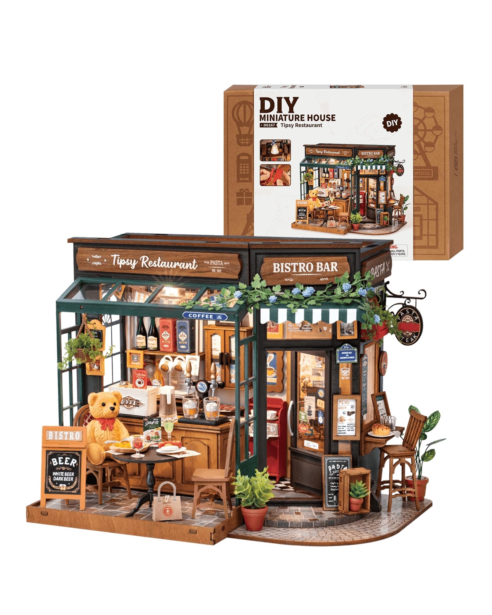 ROWOOD Doll House Kit Tipsy Restaurant, DIY Miniature House Craft Building Room, Wooden Model Kits with Accessories for Adults and Teens to Build, Unique Gift for Christmas and Birthday