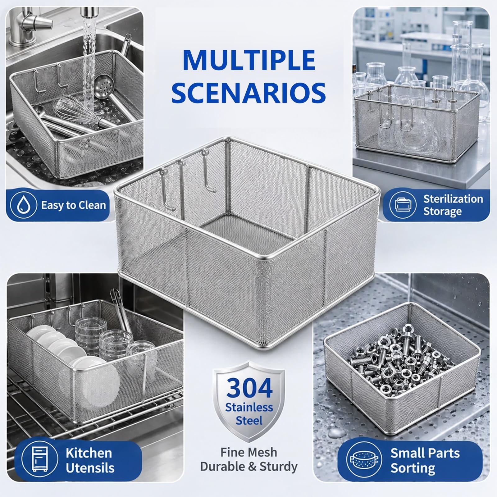 Cesta de Desinfección Médica de Acero Inoxidable 304 | Asa Integrada y Bordes Lisos; apta for Hospitales y Consultas Médicas(50x30x10cm,1 PCS)