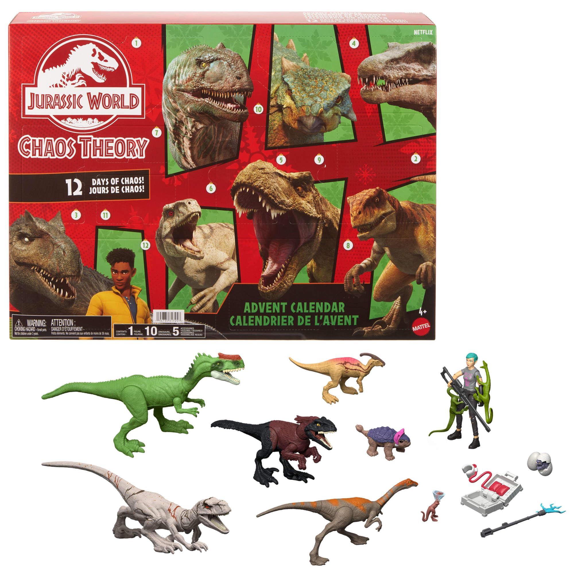 Mattel Jurassic World Teoría del Dinocaos Calendario de Adviento con 12 Puertas, 12 días de sorpresas, Smoothie y Otras 9 Figuras de Dinosaurios, Figura de Brooklynn, JGM17