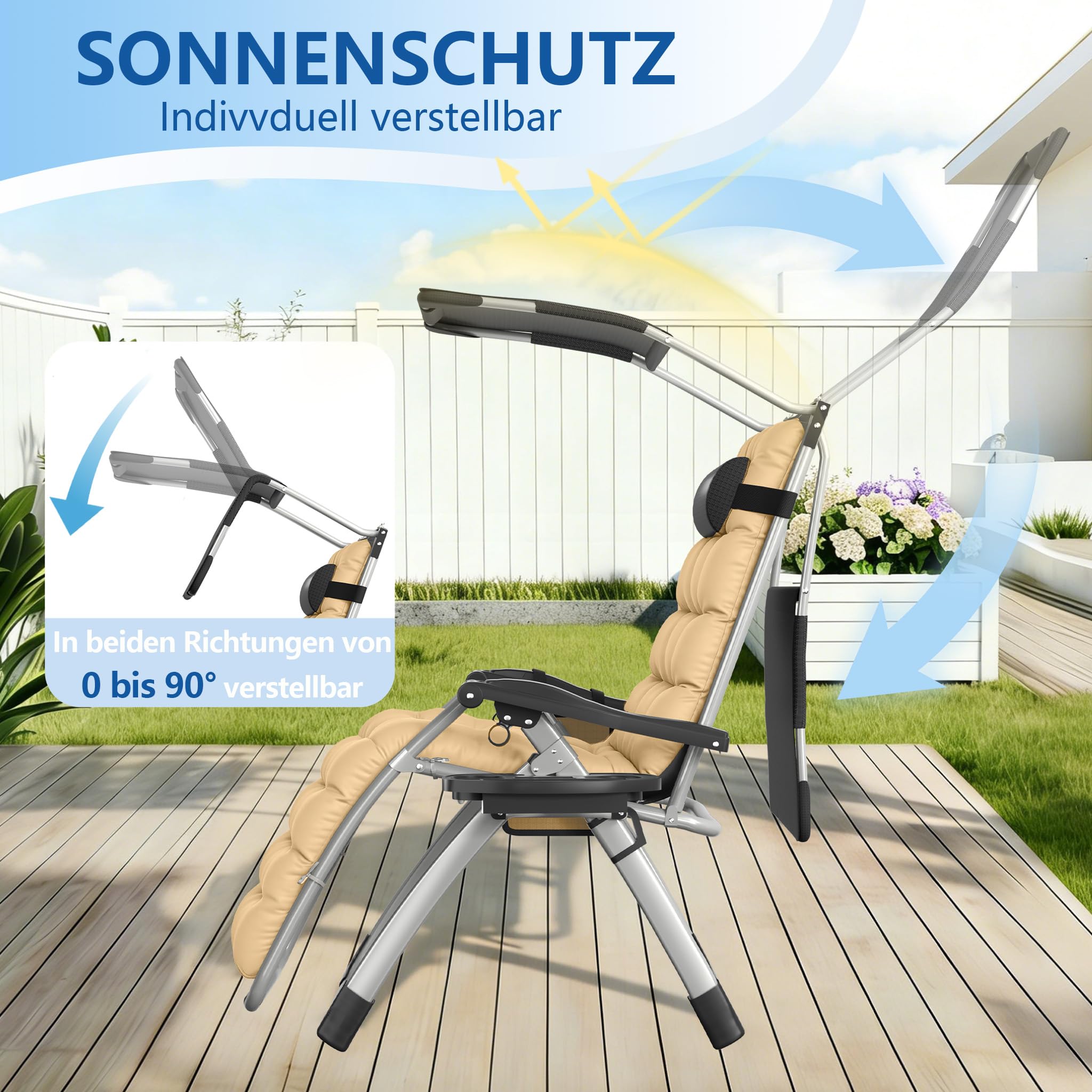 LZQ Sonnenliege klappbar mit Dach Gartenliege mit Kissen & Getränkehalter, ergonomischer Liegestuhl mit verstellbare Rückenlehne, Belastbar 160 kg, Outdoor Relaxliege für Garten Terrasse, Beige