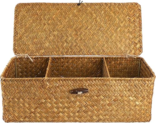 Hipiwe Seagrass Storage Basket Bin with Lid Rectangular Woven Shelf Baskets with 3-Section Toilet Paper Basket Holder for Closets Pantry Bathroom
