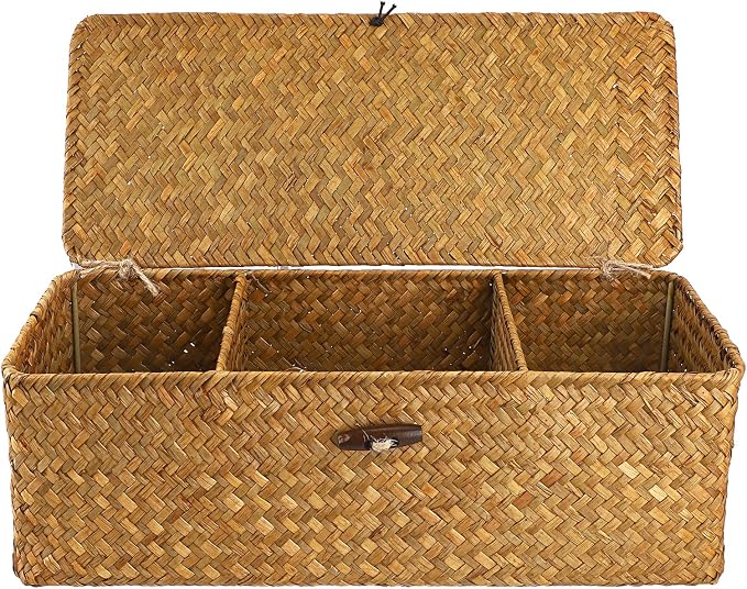 Hipiwe Storage Basket with Lid Toilet Tank Basket Holder Handwoven Wicker Basket Home Organizer Bin for Shelves Bathroom Closets Kitchen, Coffee