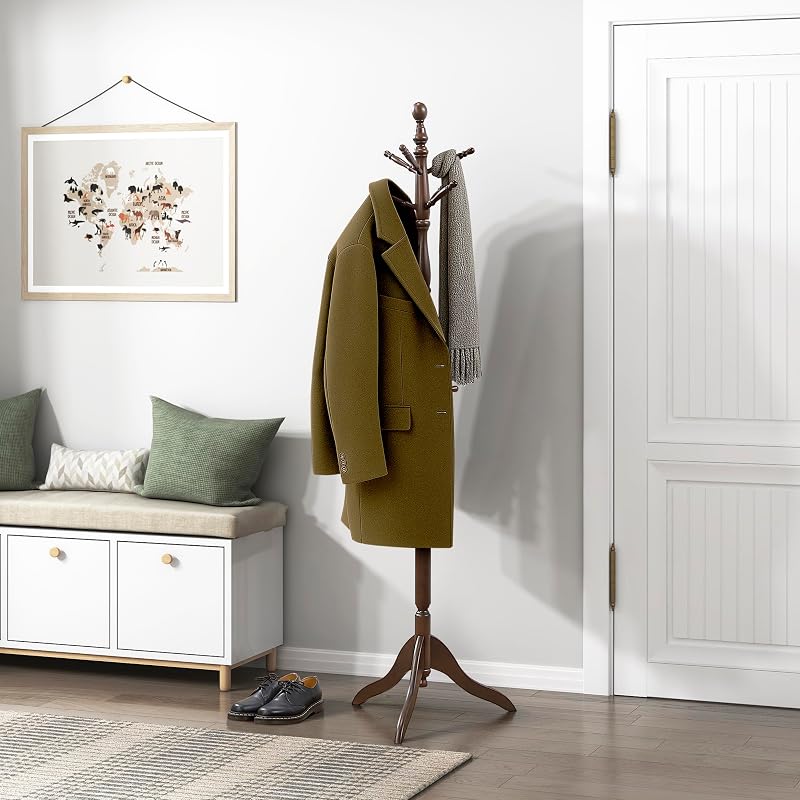 Wooden Coat Rack Stand, 3-Tier, 10 Hanging Hooks, Dark Brown | Sturdy Solid Wood Coat Rack Stand, Free Standing Tree for Hats,Scarves, Handbags, Used in Bedroom, Entryway, Hallway, Office